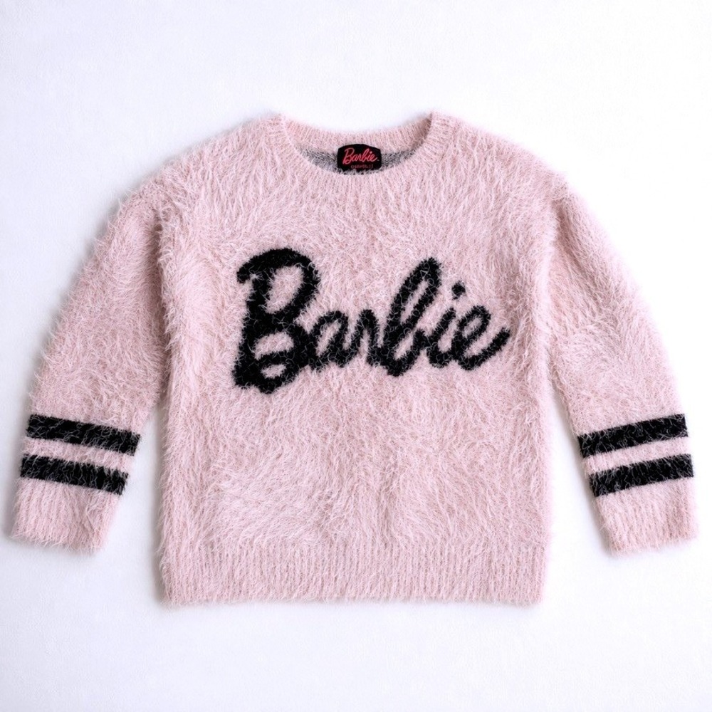 Barbie Forever 21 Pink Fuzzy Eyelash Knit Sweater Logo Varsity Stripe Small